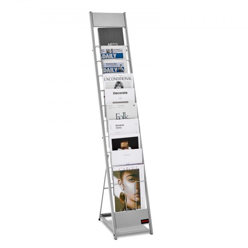 

VEVOR Brochure Display Rack, 10 Pockets Magazine Literature Display Stand, Portable Floor Standing Magazine Rack, Metal Newspaper Catalog Holders for Shop, Exhibitions, Office, Trade Show, Silver