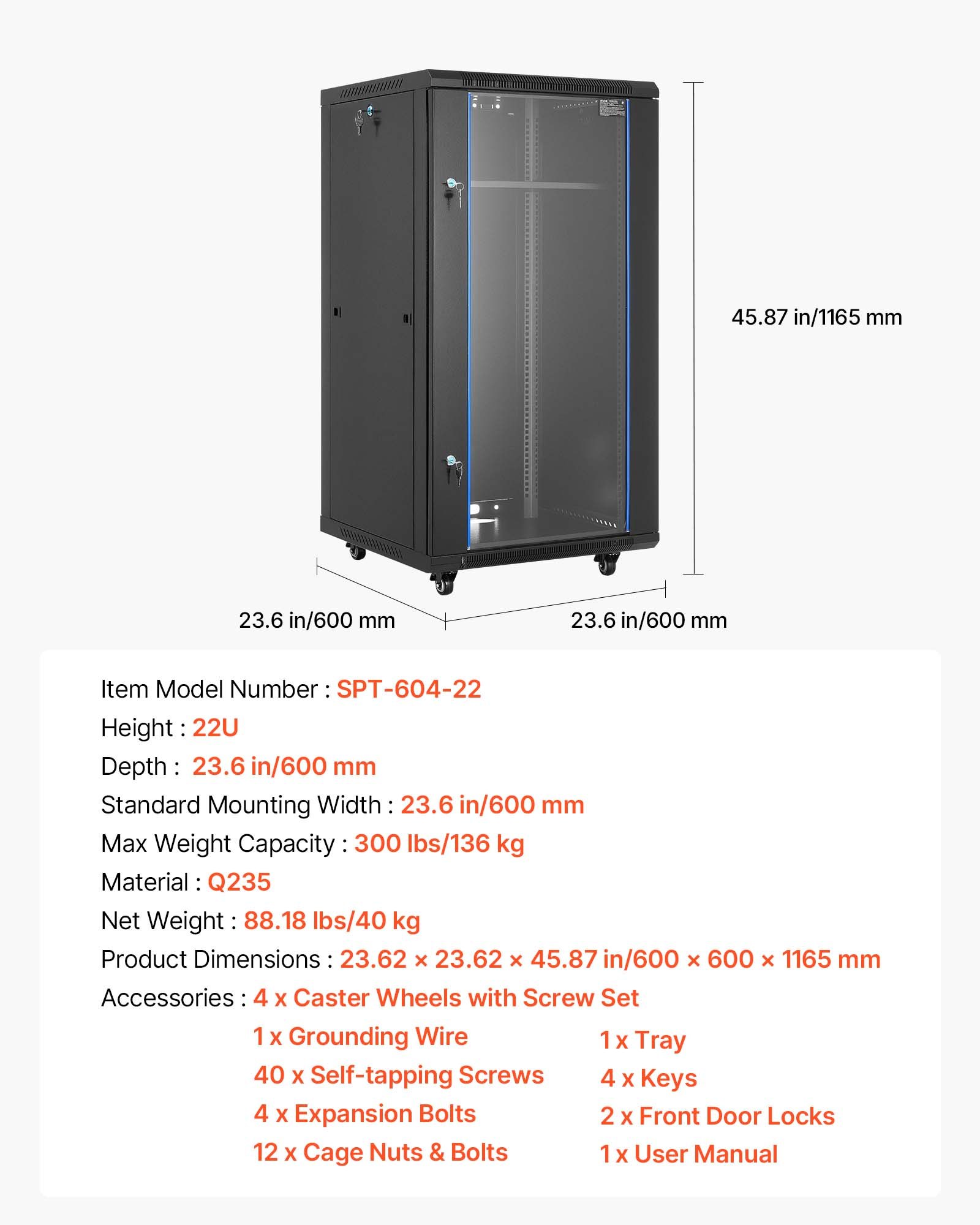 22U võrgukapp seinakinnitus, 600 mm sügavus, 136 kg