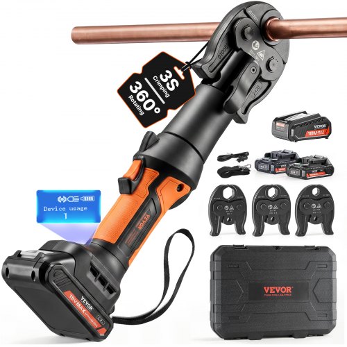 Vevor Mini Propress Tool, 18V Electric Pipe Crimping Tool For 1/2", 3/4", 1" Copper Pipes, Press Tool Kit With 3 Pro Press Jaws, 2Pcs 18V 2AH Battery,-image
