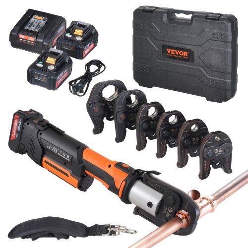 

VEVOR ProPress Tool, 18V Electric Pipe Crimping Tool for 1/2”, 3/4”, 1”, 1 1/4", 1 1/2", 2" Copper Pipes, Press Tool Kit with Brushless Motor, 6 Pro Press Jaws, 2pcs 4AH Battery