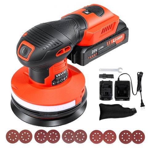 Vevor 5-Inch Cordless Random Orbital Sander 300W Brushless Orbital Sander, 4000-10000RPM 7 Speeds Electric Palm Sanders With 10PCS Sandpapers & Dust C-image