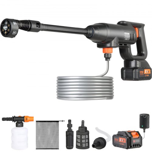 

VEVOR Cordless Pressure Washer, 580-PSI 1.1 GPM Portable Power Cleaner, Handheld High-Pressure Car Washer Gun with 4.0Ah Battery, Charger, 6-in-1 Nozzle, for Home/Floor Cleaning & Watering