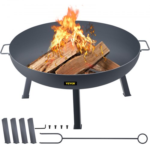 VEVOR Fire Pit Bowl, 34-Inch Diameter Round Carbon Steel Fire Bowl, Wood Burning for Outdoor Patios, Backyards & Camping Uses, with Portable Handles and A Firewood Stick, Black