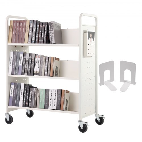 Vevor Book Cart, 330 lbs Library Cart, 39.4" x 20.1" x 49.2" Rolling Book Cart, Double Sided W-Shaped Sloped Shelves with 4-Inch Lockable Wheels for Home Shelves Office School, Book Truck in White