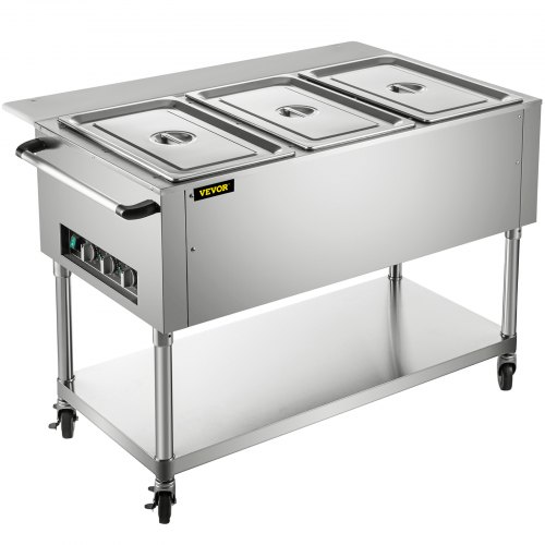 VEVOR 3 Pans Commercial Electric Steam Table Food Warmer w/Wheels 0-100℃ 1500W