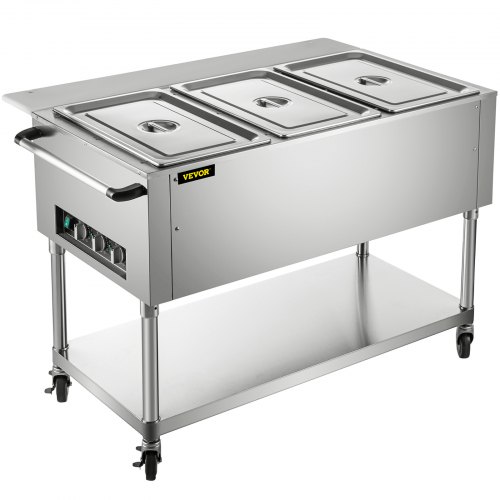 

VEVOR Commercial Electric Food Warmer, 3-Pot Steam Table Food Warmer 0-100℃ w/ 2 Lockable Wheels, Professional Stainless Steel Material with ETL Certification for Catering and Restaurants