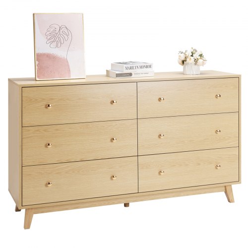 

VEVOR 6 Drawer Dresser, Wooden Chest of Drawers with Sliding with Anti-tip Device, Modern Minimalist Dresser Chest, Closet Storage Organizer for Living Room, Hallway, Bedroom, Entryway, Light Wood