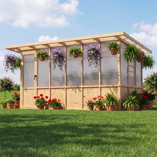 VEVOR Wooden Greenhouse 6'x12' Walk-In Green House Kit Pergola Sloped Roof, for Outdoor Garden Backyard, Heavy Duty Fir Wood with Polycarbonate Panels, Foldable Shelves, Tool Rails & Lockable Door