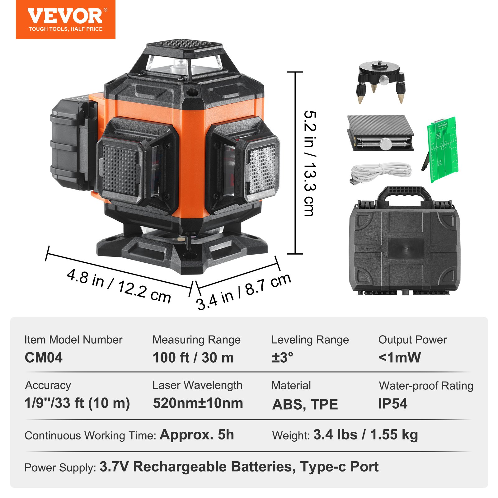 VEVOR Lasertaseme 3048 cm roheline ristjoon isetasanduv suure täpsusega mõõtmine, 55 kg