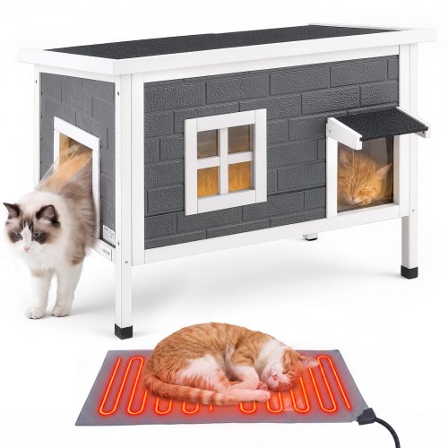 VEVOR Heated Outdoor Cat House for 1-3 Cats Feral Shelter with Heating Pad, for Outside Winter, Large Weatherproof Windproof Insulated Wooden Home, Waterproof Asphalt Roof, Escape Door & PVC Curtain