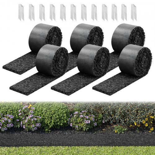 

VEVOR Rubber Mulch Mat Roll, 6 Rolls 120 x 4.5 in, Recycled Rubber Permanent Mulch Edging Border, Natural-Looking Flower Barrier with Stakes, 0.5 in Thick Cuttable Garden Edgings for Landscaping