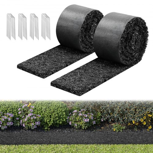 

VEVOR Rubber Mulch Mat Roll, 2 Rolls 120 x 4.5 in, Recycled Rubber Permanent Mulch Edging Border, Natural-Looking Flower Barrier with Stakes, 0.5 in Thick Cuttable Garden Edgings for Landscaping