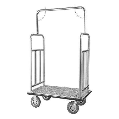 

VEVOR Hotel Luggage Cart, 1200 LBS Load Capacity, Brushed Stainless Steel Finish Bellman's Cart, Valet Cart with Grey Carpeted Deck and 8-inch Rubber Wheels, Ideal for Hotels, Condos, Resorts, Silver