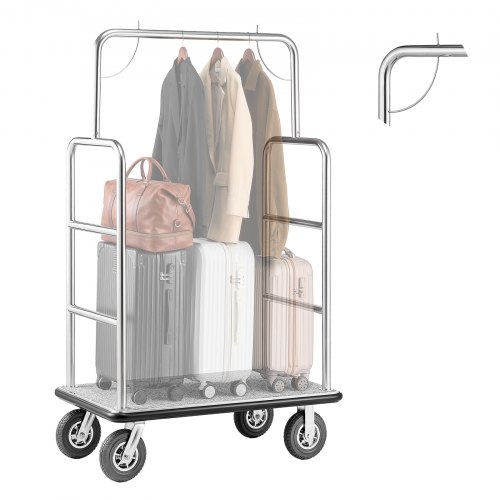 

VEVOR Hotel Luggage Cart, 1200 LBS Load Capacity, Brushed Stainless Steel Finish Bellman's Cart, Valet Cart with Grey Carpeted Deck and 8-inch Rubber Wheels, Ideal for Hotels, Condos, Resorts, Silver