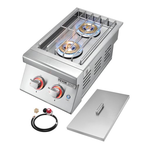 VEVOR Single Grilling Side Burner, 17,000BTU Liquid Propane Side Burner for Outdoor Kitchen, Convertible to Natural Gas, 304 Stainless Steel Built-in Single Grill Burners with LED for BBQ Grill Island