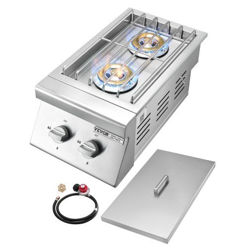 Vevor Double Grilling Side Burners, 2 x 15,000BTU Liquid Propane Side Burner for Outdoor Kitchen, Convertible to Natural Gas, 304 Stainless Steel Built-in Double Grill Burners for BBQ Grill Island