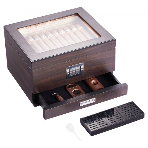 VEVOR Cigar Humidor, Glass Top Cigar Humidor Box, Handmade Spanish Cedar Wood Cigar Desktop Box, Cigar Storage Case with Humidifier, Hygrometer, Divider and Accessory Drawer, 30-50 Cigars
