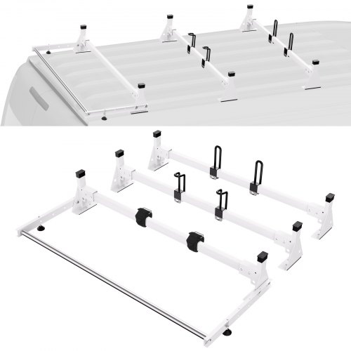 VEVOR Trailer Ladder Rack, 54″ 3 Crossbars Ladder Roof Rack, Heavy-duty Steel Van Roof Ladder Rack, 800 lbs Capacity Van Ladder Rack with Straps, Fit
