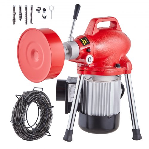 VEVOR Drain Cleaner Machine 66FT x 5/8 Inch, 250W Electric Sewer Snake Auger Manual Feed - with 2 Sectional Steel Cables (66' x 5/8" and 15' x 3/8"), 7 Cutters and CW/CCW Control for 1.6" to 4" Pipes