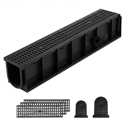 Vevor Trench Drain, 40.1 x 6.1 x 8.0 in, 4 Pack Linear Drainage Channel, HDPE Channel Drain with Grates & End Caps, Premium Outdoor Drainage System for Driveway, Patio, Pool, Garden, Yard, Black