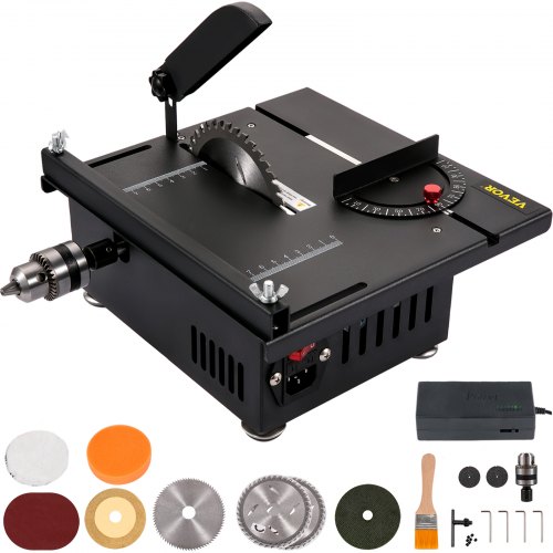 

VEVOR Mini Table Saw, 200W Hobby Table Saw for Woodworking, 0-90 Angle Cutting Portable DIY Saw, 4000RMP Multifunctional Table Saws, 1.57in Cutting Depth with Black Apron (Cutting/Polishing Set)