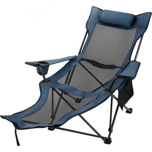Blue Reclining Folding Camp Chair with Footrest Mesh Lounge Chaise