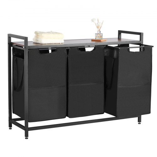 

VEVOR 3 Section Laundry Sorter with Pull-Out Bags Metal Frame & Wooden Tabletop