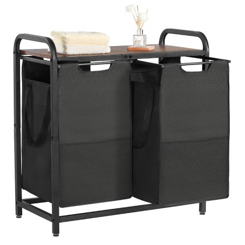 VEVOR 2 Section Laundry Sorter, Large Laundry Hamper with Metal Frame and Wooden Tabletop, Freestanding Storage Organizer Baskets with Pull-Out 600D Oxford Cloth Bags for Dirty Clothes, Bathroom XYLEKJSMCLS1ELBGR001V0