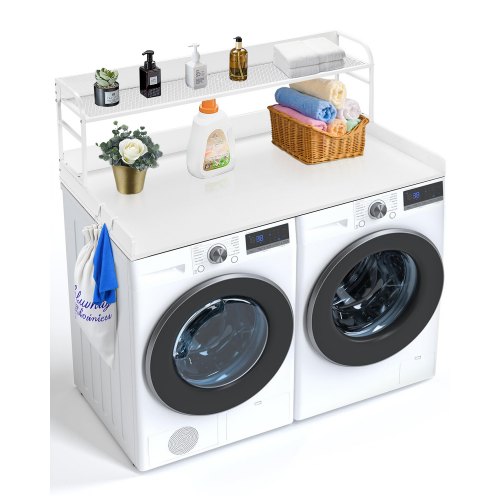 

Washer Dryer Countertop for the Top, Wood Washer Dryer Topper with 2-Tier Shelf Universal Fit, Laundry Countertop with Edge Rails, 54" Width x 27" Depth Laundry Counter Storage Organization, White