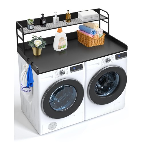 

Washer Dryer Countertop with Shelf, 27.55" Depth x 54" Width Laundry Wood Top Cover with Anti-slip Strips, over Washer and Dryer Wood Countertop with Edge Rails, Black