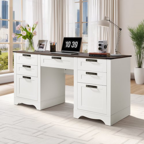 

VEVOR Executive Desk, Farmhouse Office Table with Charging Station, Heavy Duty Particle Board Executive Table with Storage Drawers, 200 LBS Load Capacity, Easy Assembly, for Work Study Writing, Walnut