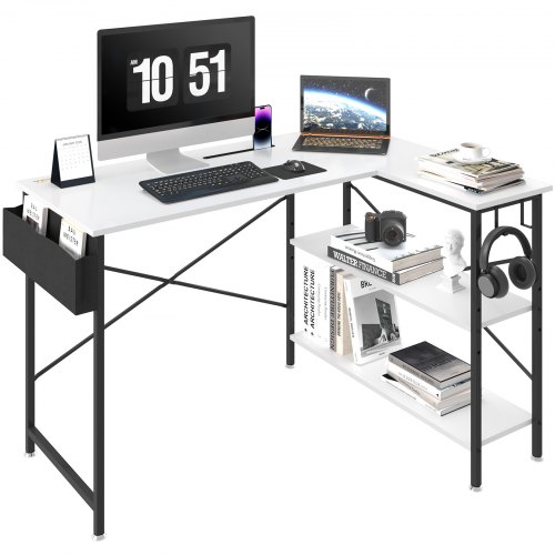 

VEVOR L Shaped Computer Desk, 47'' Corner Desk with Storage Shelves, Bag, Phone Slot, and Headphone Hook, Work Desk Gaming Desk for Home Office Workstation, White