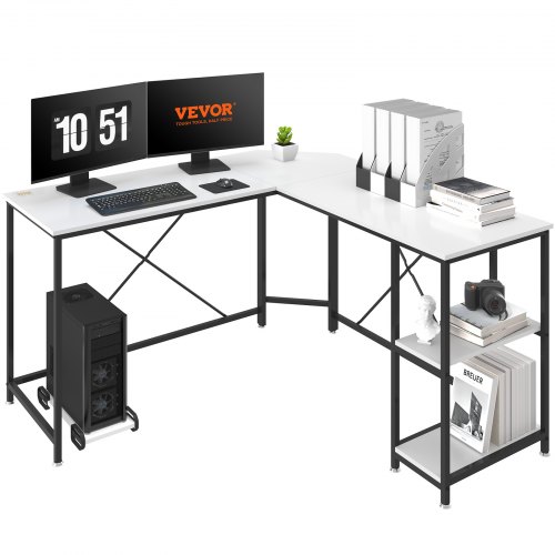 

VEVOR L Shaped Computer Desk, 54'' Corner Desk with Storage Shelves & CPU Stand, Work Desk Gaming Desk for Home Office Workstation, White