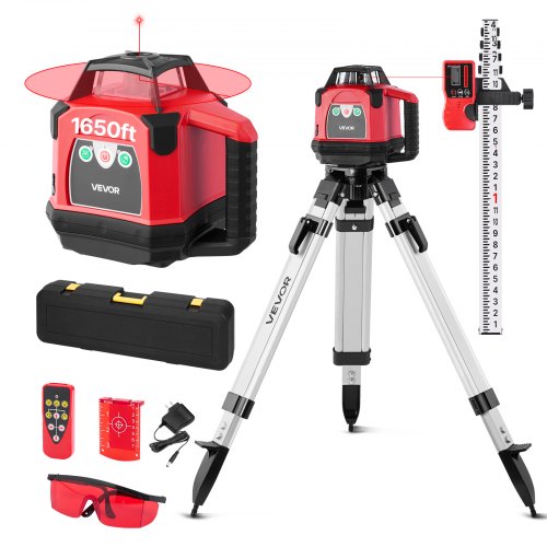 

VEVOR Rotary Laser Level Kit, 1650ft 360-Degree Self Leveling Red Horizontal Laser Transit,with Heavy-duty Tripod, Receiver, Remote Control, Toolcase, IP54 Waterproof, 0.06 in/100 ft for Construction