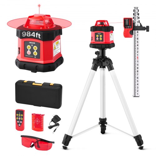 

VEVOR Rotary Laser Level Kit, 984ft 360-Degree Self Leveling Red Horizontal Laser Transit,with Tripod,Receiver,Remote Control, Scale, Toolcase, IP54 Waterproof, 0.12in/100ft Precision for Construction
