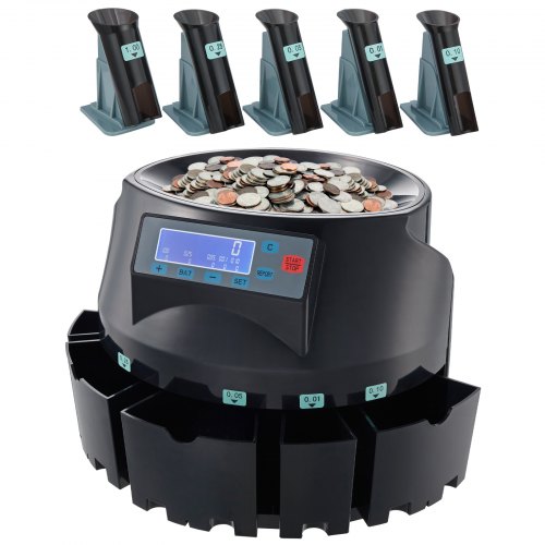 

VEVOR USD Coin Counter & Coin Sorters with LCD Display, Coin Sorter Machine for USD Coin 1￠ 5￠ 10￠ 25￠ $1, Sorts up to 300 Coins/min, Change Counter Holds 2000 Coins Included 5 Coin Bins & 5 Tubes