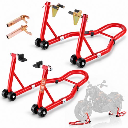 VEVOR Motorcycle Stand Lift, 850lbs Capacity Front Rear Combo Stand Lift, Front Wheel Dual-Fork Stand, Rear U+L Fork Swingarm Spool Stand, for Most Yamaha Honda Kawasaki Suzuki Motorcycles, Red