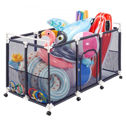 

VEVOR Pool Storage Bin, 62.6 x 32 x 36 in, Rolling Pool Float Storage Organizer with Side Pockets & Casters, Durable Plastic Frame, Poolside Toys Noodles Holder Mesh Basket for Swimming Pools