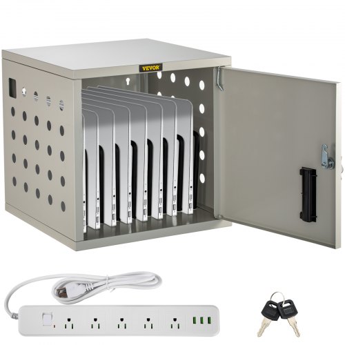 VEVOR Charging Cart, 8 Device, Charging Cabinet for Laptop Computers, Chromebook, iPad, Tablets, Up to 13-inch Screen Size, Wall Charging Box with Power Strip, USB Port, and Locking Front Door