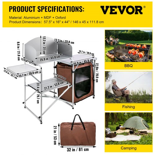 Outdoor Camping Kitchen Table 2-Tier Picnic Foldable Kitchen Cooking Table Brown 