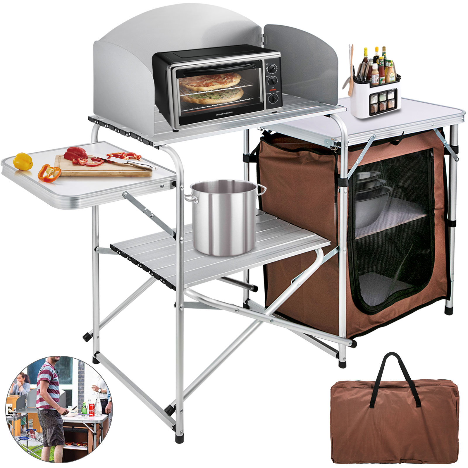 Camping Kitchen Table Picnic Cabinet Folding Cooking Storage Rack Portable Brown от Vevor Many GEOs