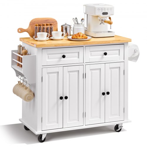 Vevor Kitchen Island Cart With Solid Wood Top, 35.4" Width Mobile Carts With Storage Cabinet, Rolling Kitchen Table With Spice Rack, Towel Rack, And D-image