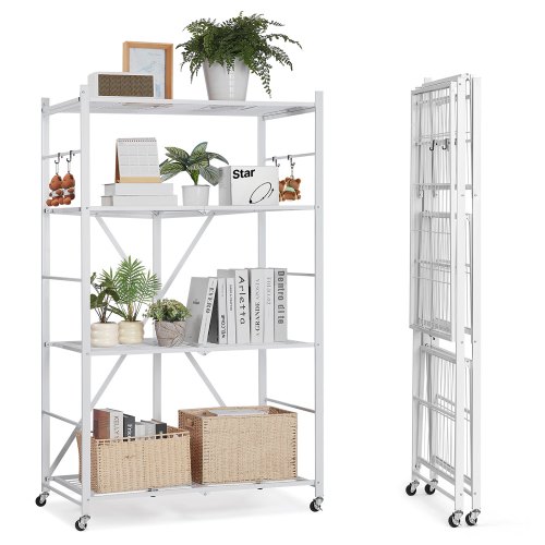 

VEVOR Folding Storage Shelf with Wheels 4-Tier No Assembly Organizer Shelf White