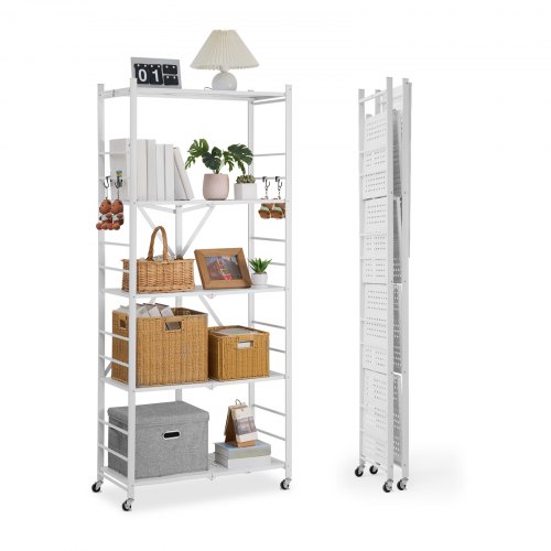 

VEVOR Folding Storage Shelf with Wheels 5-Tier No Assembly Organizer Shelf White