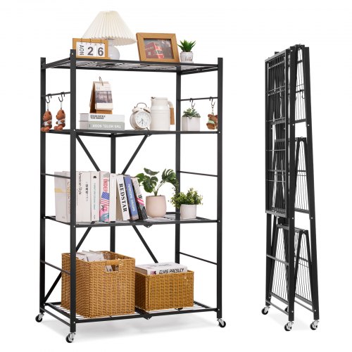 

VEVOR Folding Storage Shelf with Wheels 4-Tier No Assembly Organizer Shelf Black