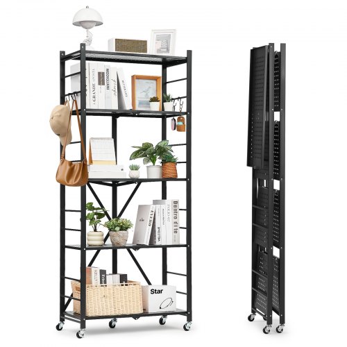 VEVOR 5-Tier Foldable Storage Shelf, 28W x 13D x 66H Inch Folding Metal Rack Shelving Unit, No Assembly Organizer Shelf with 5 Wheels & 4 Hooks for Pantry, Kitchen, Garage, Basement, Black