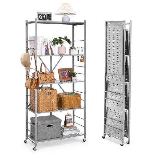 

VEVOR 5-Tier Foldable Storage Shelf, 32W x 14D x 72H Inch Folding Metal Rack Shelving Unit, No Assembly Organizer Shelf with 5 Wheels & 4 Hooks for Pantry, Kitchen, Garage, Basement, Grey