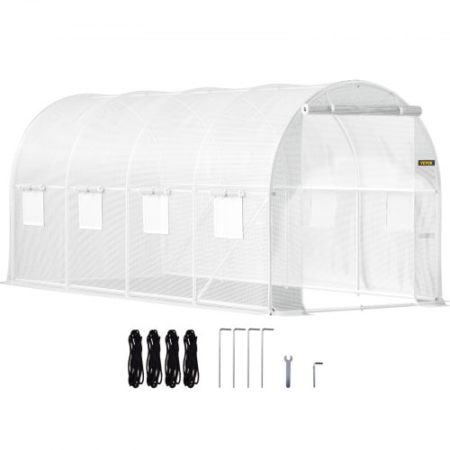 

VEVOR Walk-in Tunnel Greenhouse, 15 x 7 x 7 ft Portable Plant Hot House w/ Galvanized Steel Hoops, 1 Top Beam, Diagonal Poles, Zippered Door & 8 Roll-up Windows, White