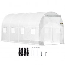 VEVOR Walk-in Tunnel Greenhouse, 15 x 7 x 7 ft Portable Plant Hot House w/Galvanized Steel Hoops, 1 Top Beam, 2 x Diagonal Poles, 2 Zippered Doors & 8 Roll-up Windows, White