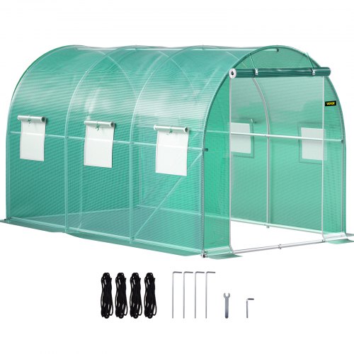 

VEVOR Walk-in Tunnel Greenhouse, 12 x 7 x 7 ft Portable Plant Hot House w/ Galvanized Steel Hoops, 1 Top Beams, 2 Diagonal Poles, 2 Zippered Doors & 6 Roll-up Windows, Green